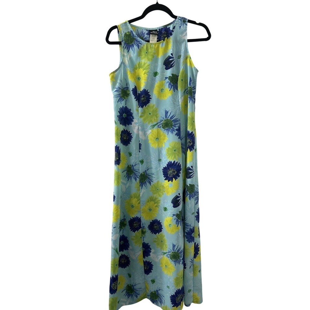My Michelle Floral Polyester Maxi Dress 9/10 Blue Yellow 90s Boho Cottagecore